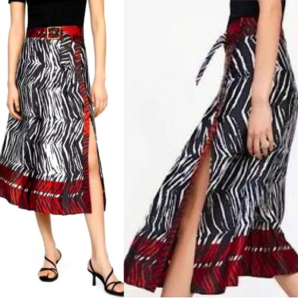 Zara Dresses & Skirts - ZARA•zebra animal print pleated belted slit midi skirt skirt M NWT